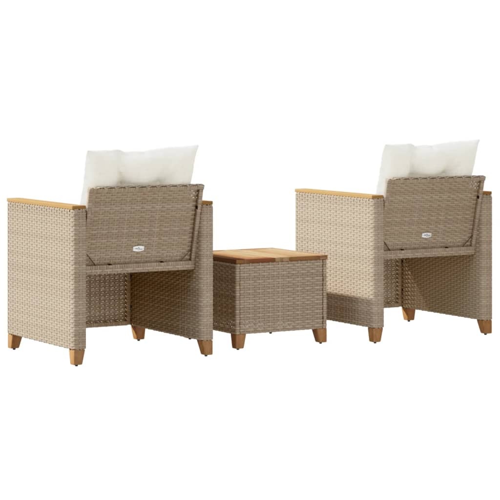 vidaXL 3-delige Bistroset met kussens poly rattan en acaciahout beige