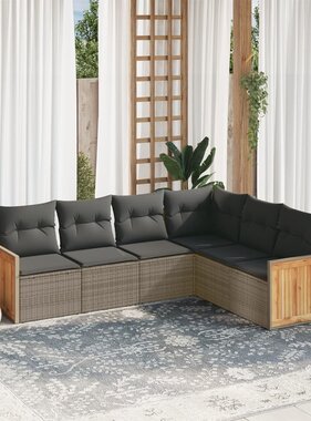 vidaXL 6-delige Loungeset met kussens poly rattan grijs