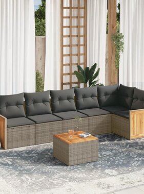 vidaXL 7-delige Loungeset met kussens poly rattan grijs