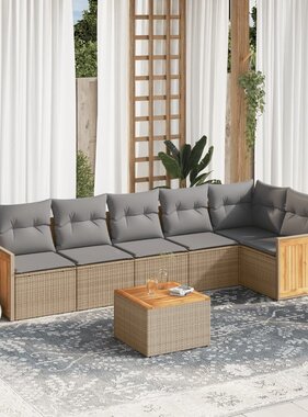 vidaXL 7-delige Loungeset met kussens poly rattan beige