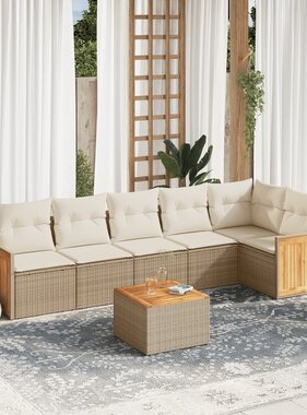 vidaXL 7-delige Loungeset met kussens poly rattan beige