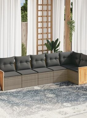 vidaXL 6-delige Loungeset met kussens poly rattan grijs