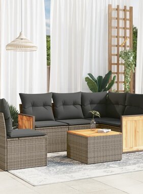 vidaXL 6-delige Loungeset met kussens poly rattan grijs