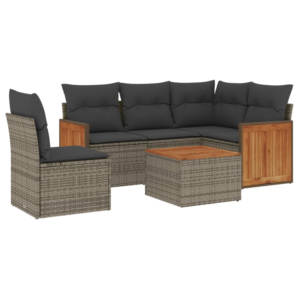 vidaXL 6-delige Loungeset met kussens poly rattan grijs