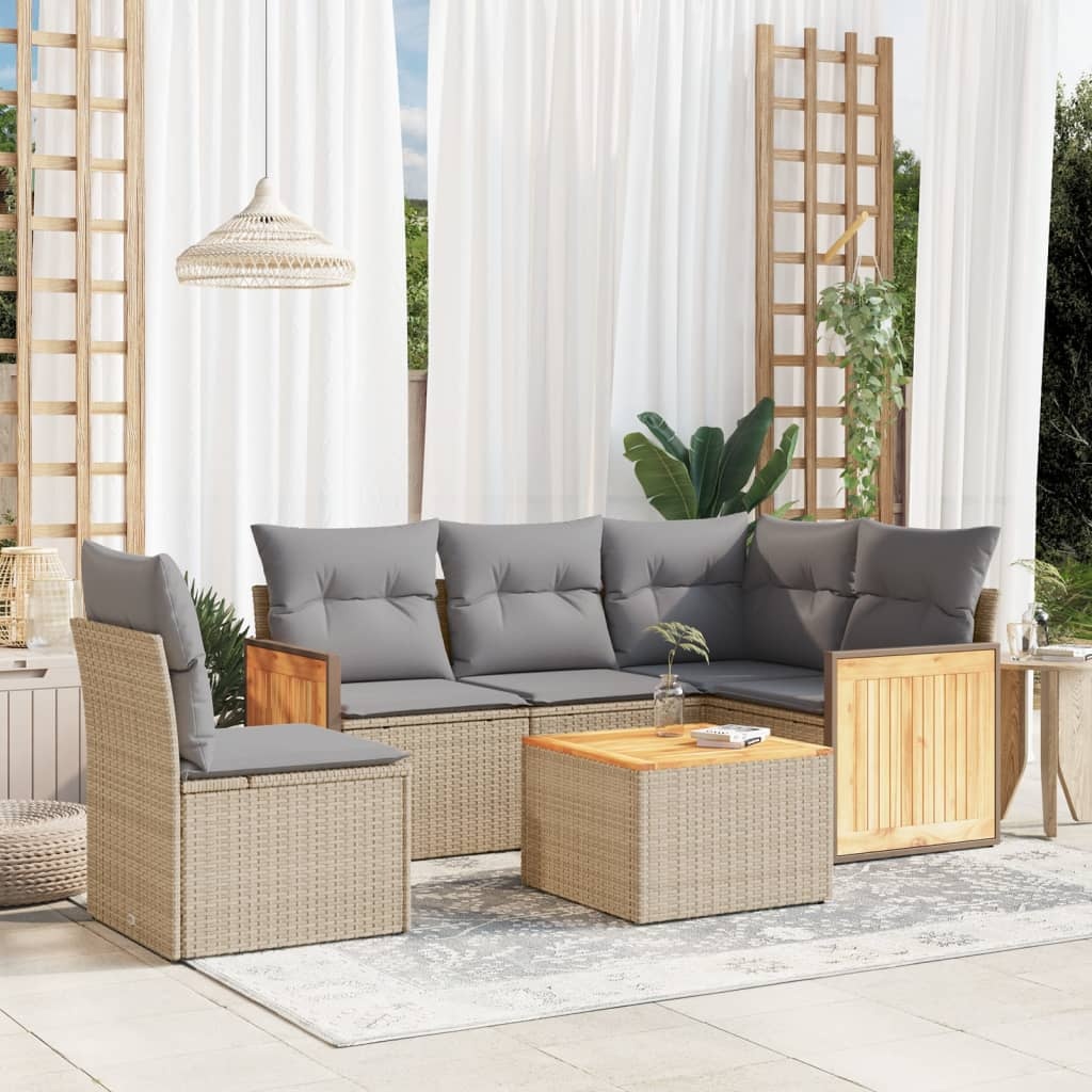 vidaXL 6-delige Loungeset met kussens poly rattan beige