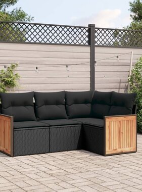 vidaXL 4-delige Loungeset met kussens poly rattan zwart