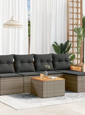 vidaXL 6-delige Loungeset met kussens poly rattan grijs