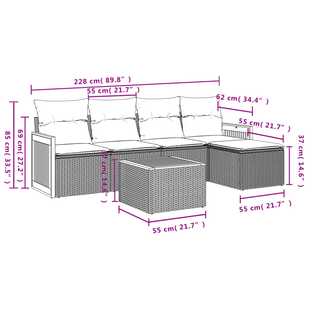 vidaXL 6-delige Loungeset met kussens poly rattan grijs