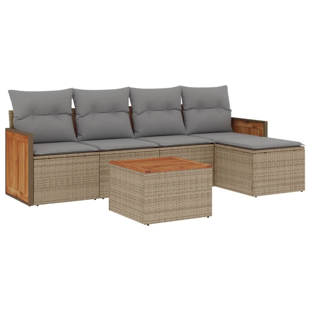 vidaXL 6-delige Loungeset met kussens poly rattan beige