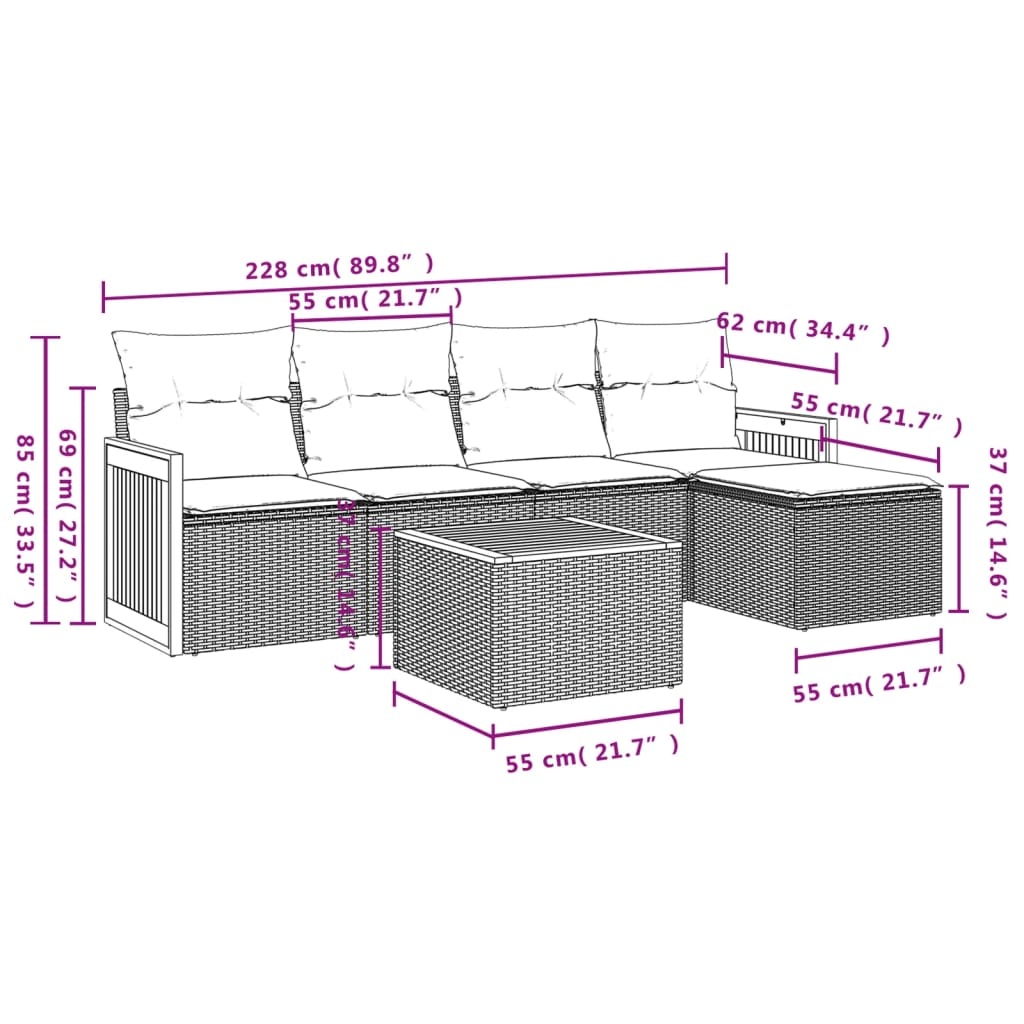 vidaXL 6-delige Loungeset met kussens poly rattan beige