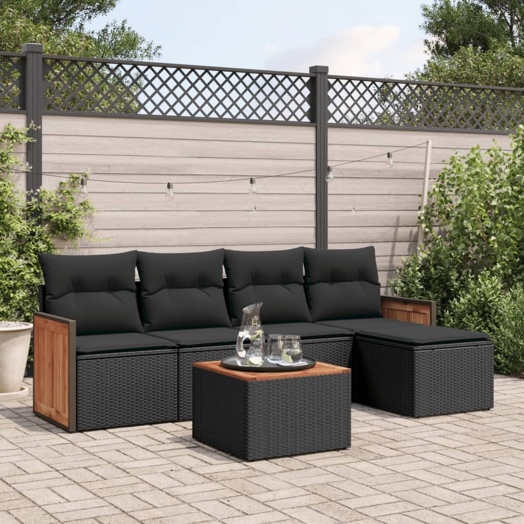 vidaXL 6-delige Loungeset met kussens poly rattan zwart