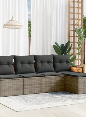 vidaXL 5-delige Loungeset met kussens poly rattan grijs