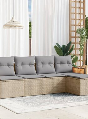 vidaXL 5-delige Loungeset met kussens poly rattan beige