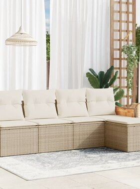 vidaXL 5-delige Loungeset met kussens poly rattan beige