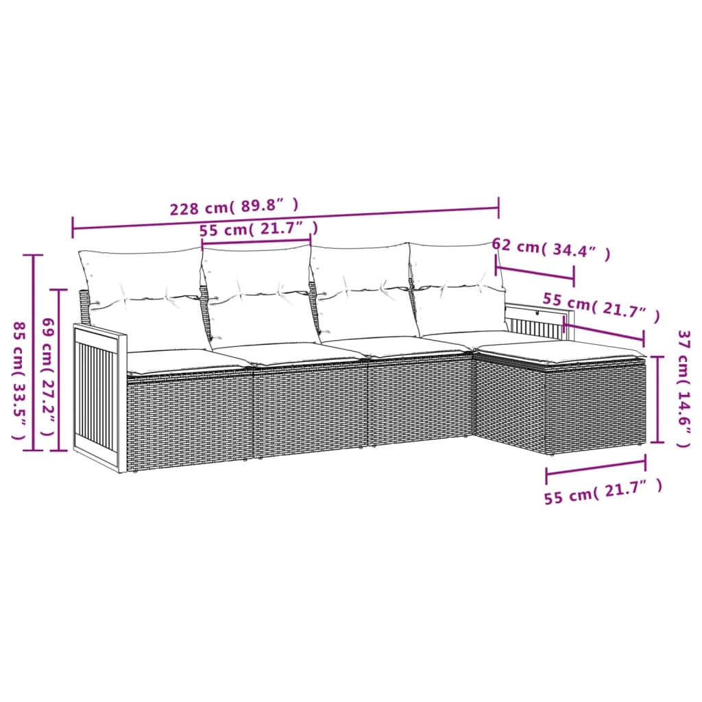 vidaXL 5-delige Loungeset met kussens poly rattan beige