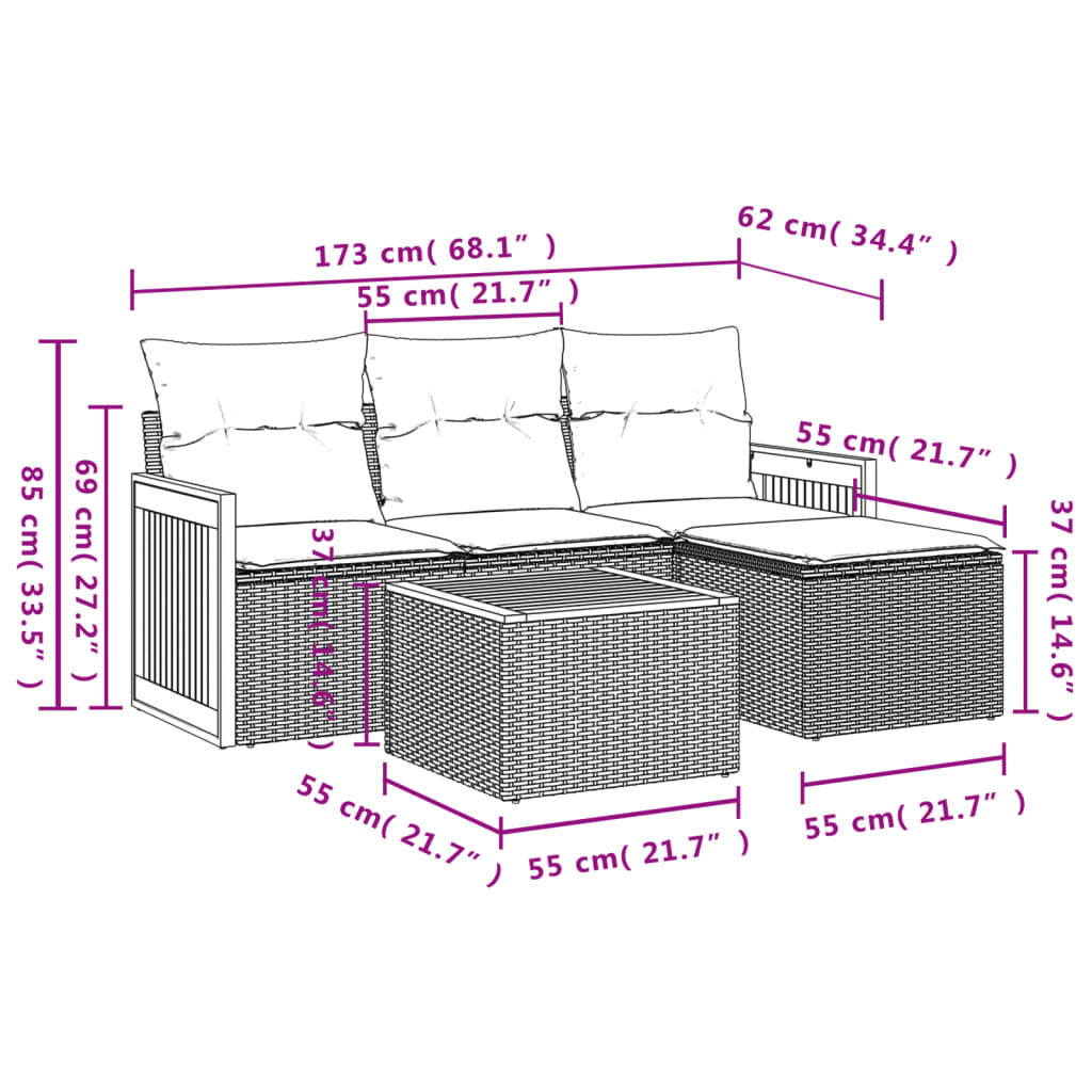 vidaXL 5-delige Loungeset met kussens poly rattan grijs