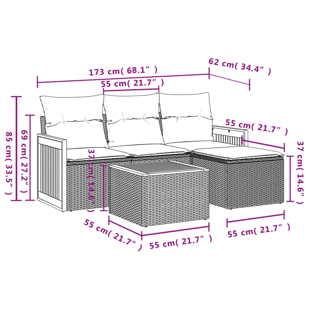 vidaXL 5-delige Loungeset met kussens poly rattan beige