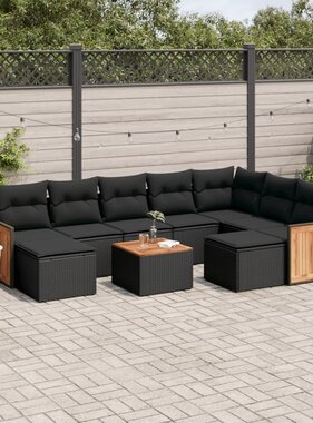 vidaXL 10-delige Loungeset met kussens poly rattan zwart