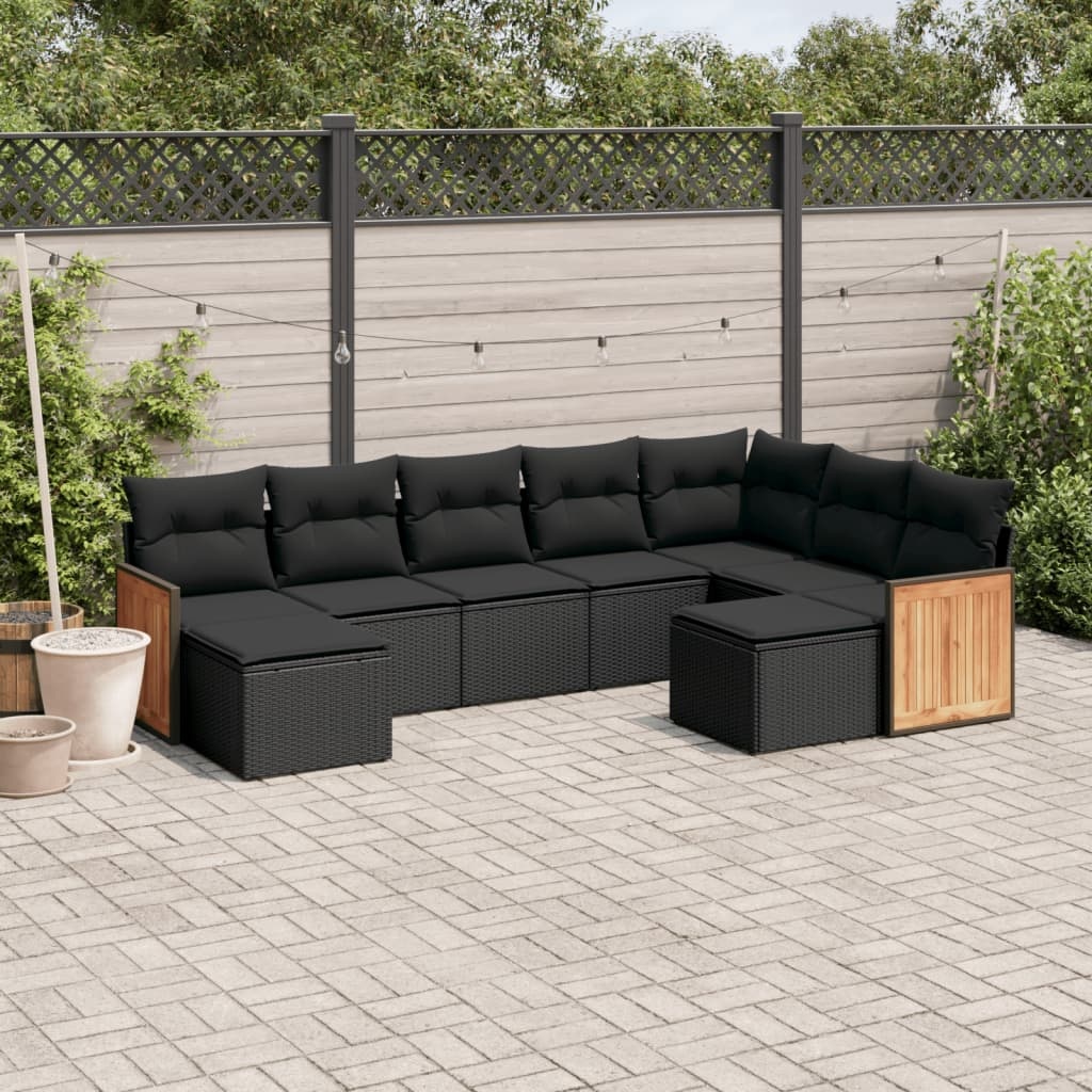 vidaXL 9-delige Loungeset met kussens poly rattan zwart