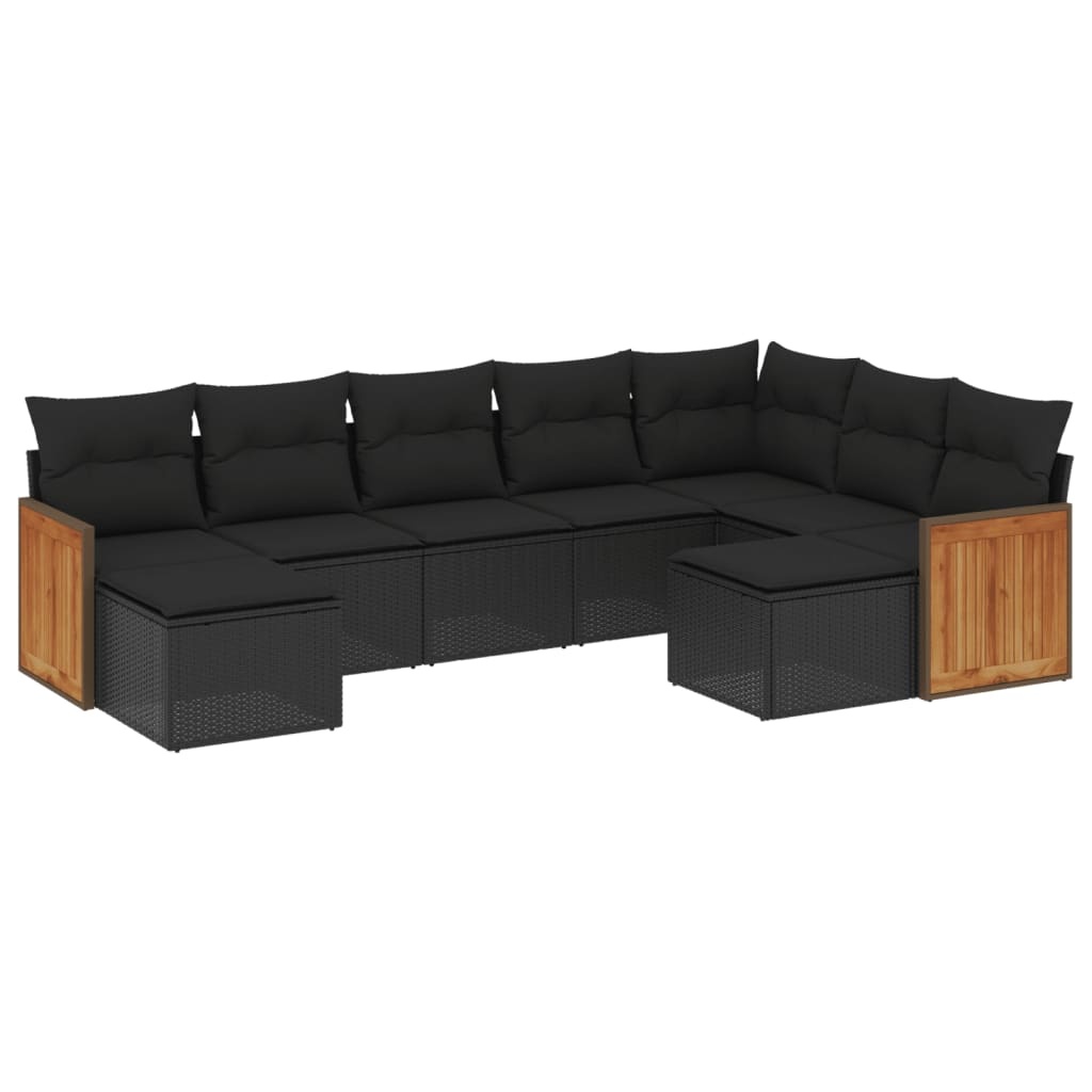 vidaXL 9-delige Loungeset met kussens poly rattan zwart