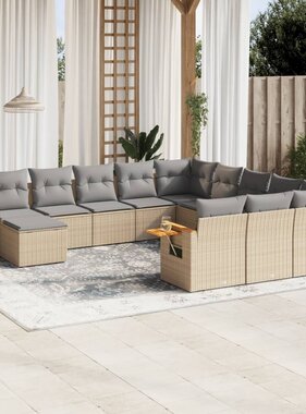 vidaXL 11-delige Tuinset met kussens poly rattan beige