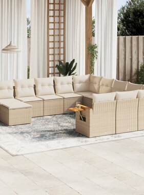 vidaXL 11-delige Tuinset met kussens poly rattan beige