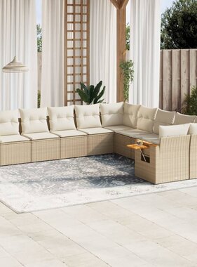 vidaXL 10-delige Loungeset met kussens poly rattan beige