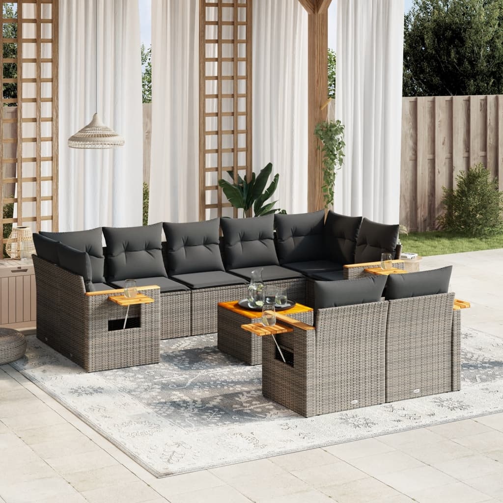 vidaXL 10-delige Loungeset met kussens poly rattan grijs