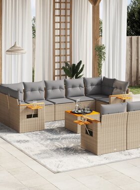 vidaXL 10-delige Loungeset met kussens poly rattan beige