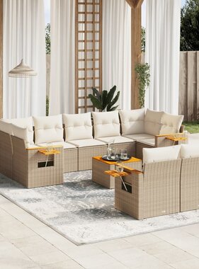 vidaXL 10-delige Loungeset met kussens poly rattan beige