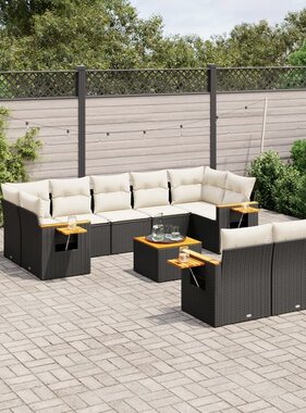 vidaXL 10-delige Loungeset met kussens poly rattan zwart