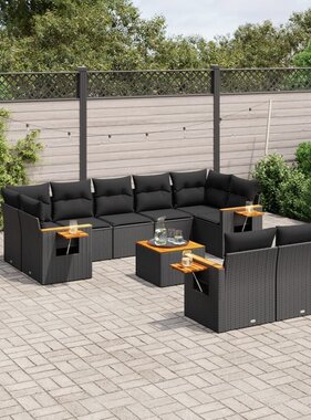 vidaXL 10-delige Loungeset met kussens poly rattan zwart