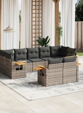 vidaXL 9-delige Loungeset met kussens poly rattan grijs