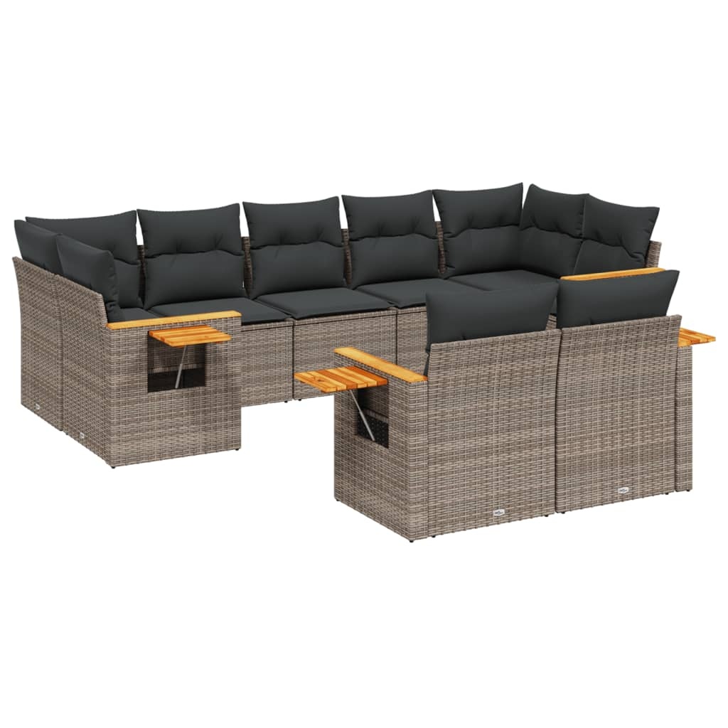 vidaXL 9-delige Loungeset met kussens poly rattan grijs