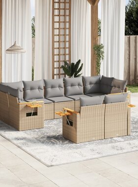 vidaXL 9-delige Loungeset met kussens poly rattan beige