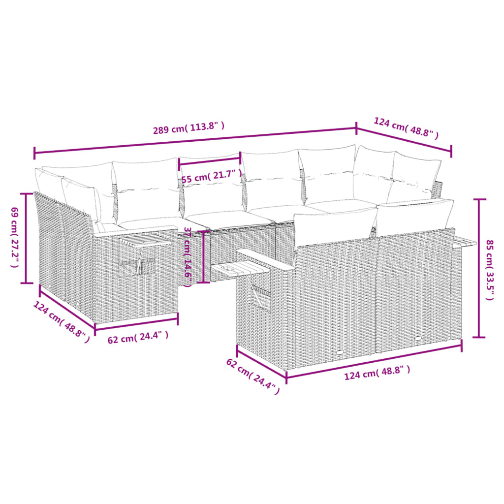 vidaXL 9-delige Loungeset met kussens poly rattan beige