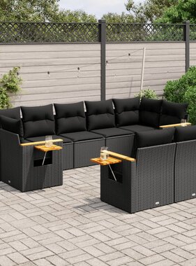 vidaXL 9-delige Loungeset met kussens poly rattan zwart