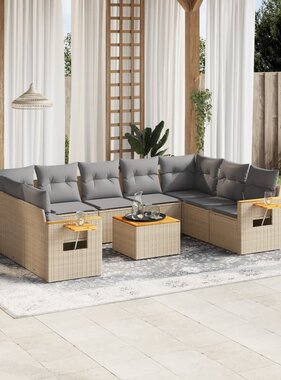 vidaXL 10-delige Loungeset met kussens poly rattan beige