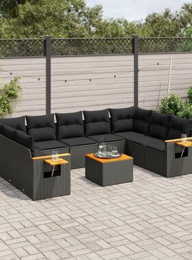 vidaXL 10-delige Loungeset met kussens poly rattan zwart