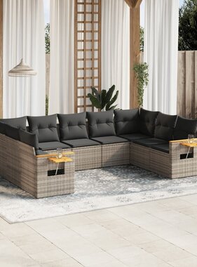 vidaXL 9-delige Loungeset met kussens poly rattan grijs