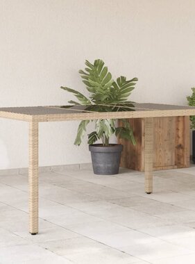 vidaXL Tuintafel met glazen blad 150x90x75 cm poly rattan beige