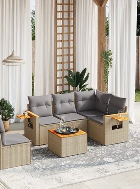 vidaXL 6-delige Loungeset met kussens poly rattan beige