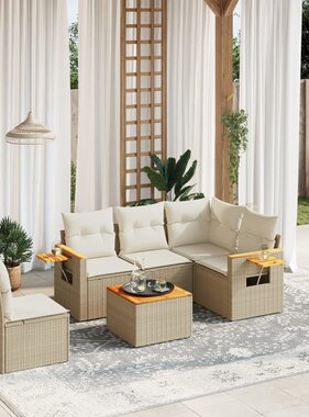 vidaXL 6-delige Loungeset met kussens poly rattan beige