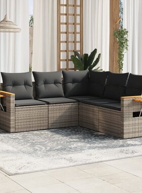 vidaXL 5-delige Loungeset met kussens poly rattan grijs