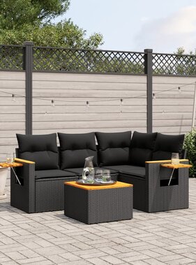 vidaXL 5-delige Loungeset met kussens poly rattan zwart