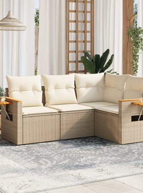 vidaXL 4-delige Loungeset met kussens poly rattan beige