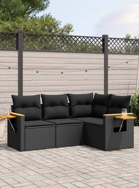 vidaXL 4-delige Loungeset met kussens poly rattan zwart