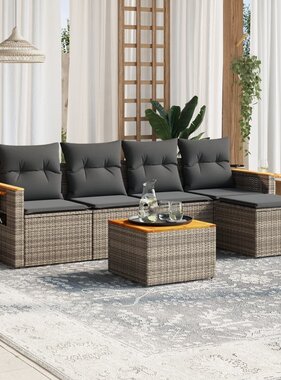 vidaXL 6-delige Loungeset met kussens poly rattan grijs