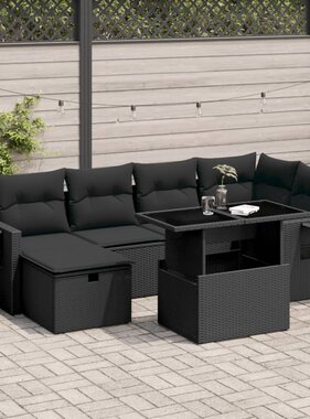 vidaXL 7-delige Loungeset met kussens poly rattan zwart