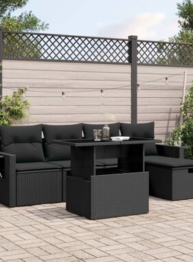 vidaXL 6-delige Loungeset met kussens poly rattan zwart